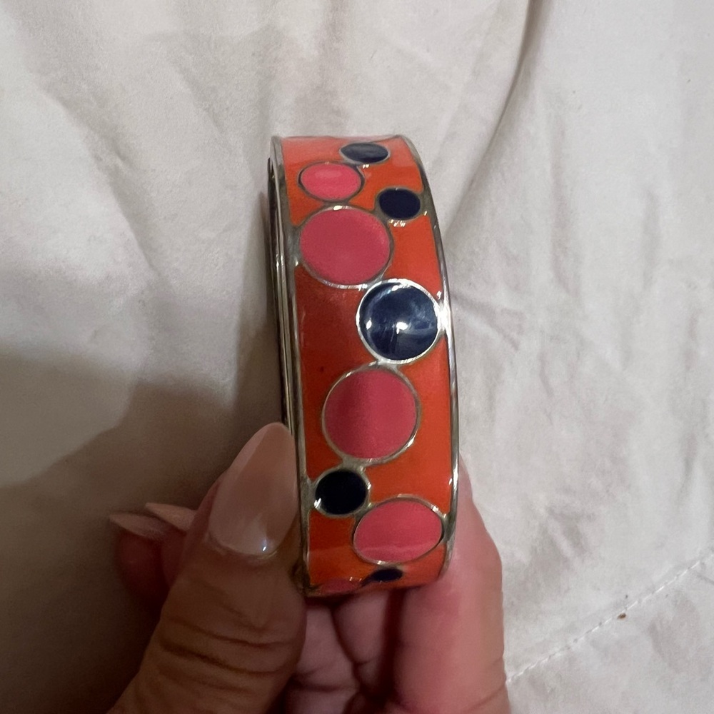 Colorful Orange Enamel Bangle with Pink and Navy Accent Dots Cuff bangle